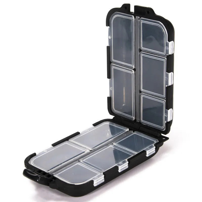 Black fishing tackle storage box with 10 internal compartments measuring 9.5x6.5x3cm