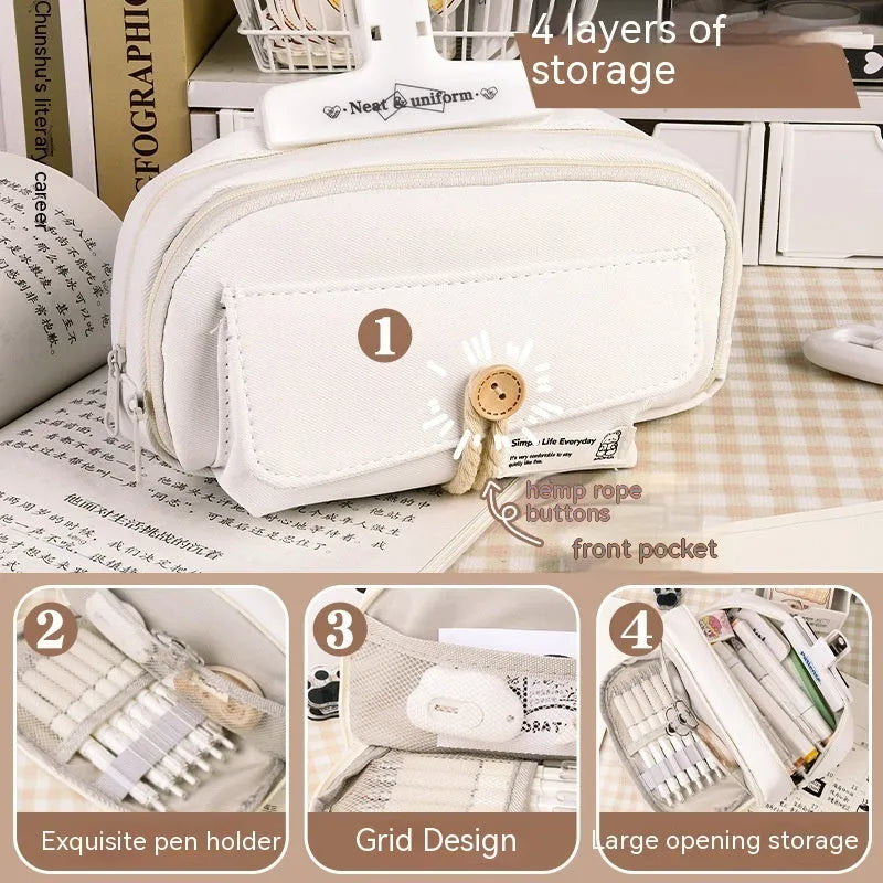 Korean-style canvas pencil case in four colours storing approximately 80 pens