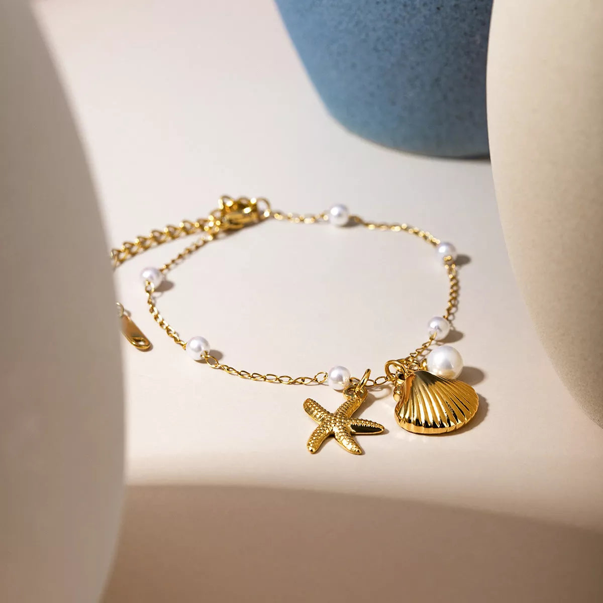 18K gold plated stainless steel bracelet with shell starfish pendant and pearl chain