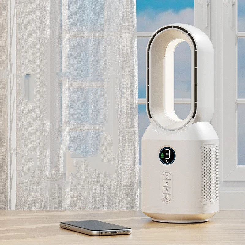 Rechargeable bladeless fan with Bluetooth speaker and LED night light for home decor and comfort