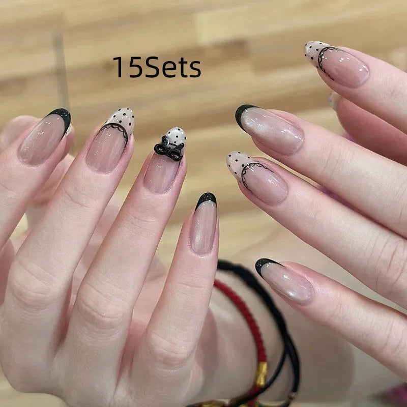 Sweet Girl style medium coffin false nails with random colour patterns, press on artificial nail sets
