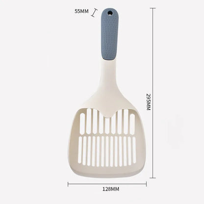 White cat litter shovel with blue detailing, showing large scoop head for pet waste removal