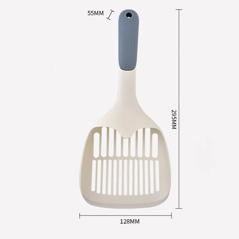 Cat litter shovel tool made from polypropylene for scooping pet waste, designed with a large scoop head measuring 23.5 cm wide and 11 cm deep, suitable for cat litter trays and available in white colour with blue detailing for straightforward cleaning.