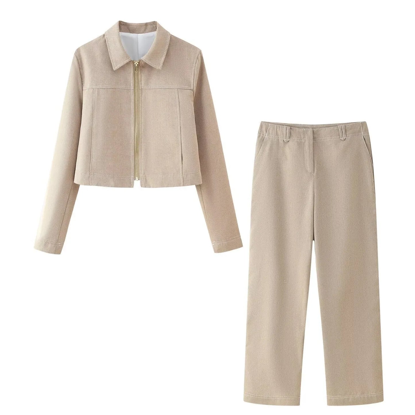 Women's herringbone pattern long sleeve coat and trousers suit with 3D embroidery.