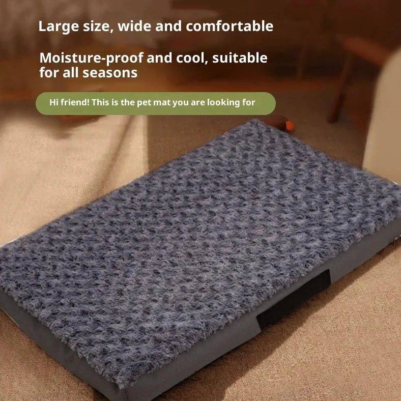 Dark grey dog mat with embossed velvet texture showing size comparison from 50×40cm to 120×75cm