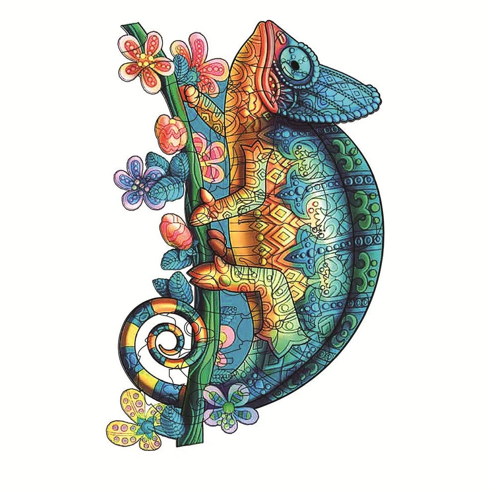 Wooden jigsaw puzzle with colourful elephant and turtle shaped pieces in A3, A4, A5 sizes