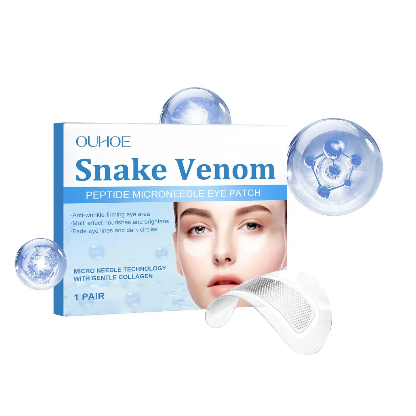 One pair of clear hydrogel microneedle eye patches for wrinkle care on a skincare background.