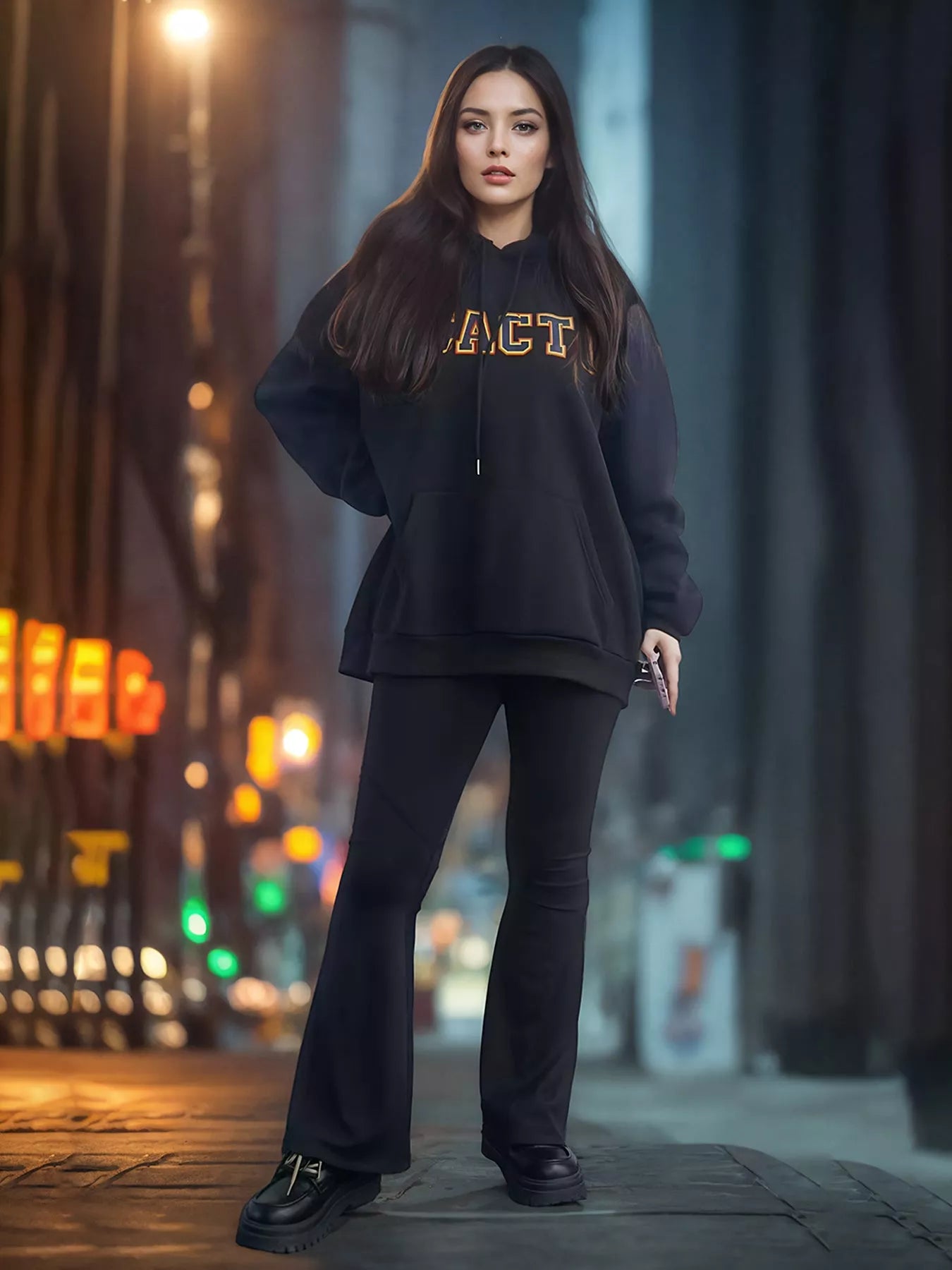 Cotton long sleeve printed hoodie for men and women in black, khaki, and purple