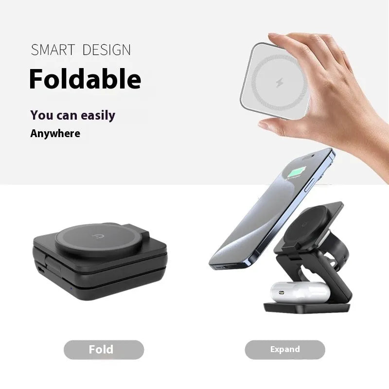 White foldable magnetic wireless charging phone holder shown open and closed