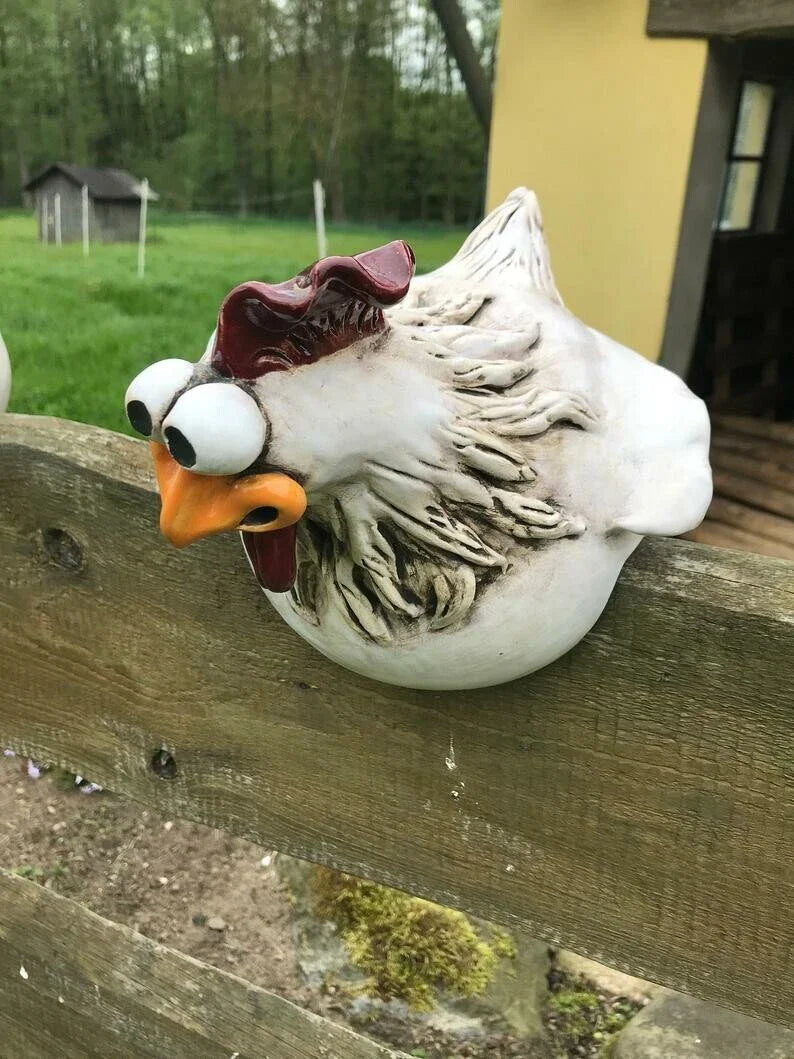 Resin chicken garden statue with vibrant colors and a playful design, perfect for adding charm to outdoor spaces