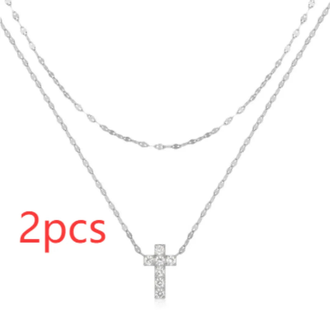 S925 sterling silver double layer twin diamond cross pendant on adjustable 40-45cm chain