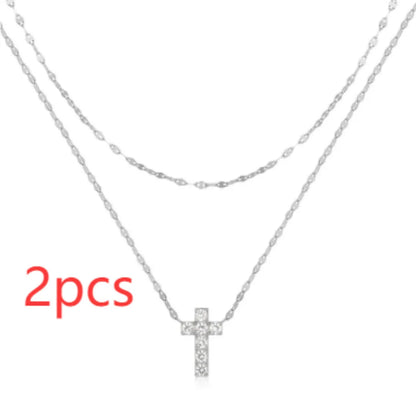 S925 sterling silver double layer twin diamond cross pendant on adjustable 40-45cm chain