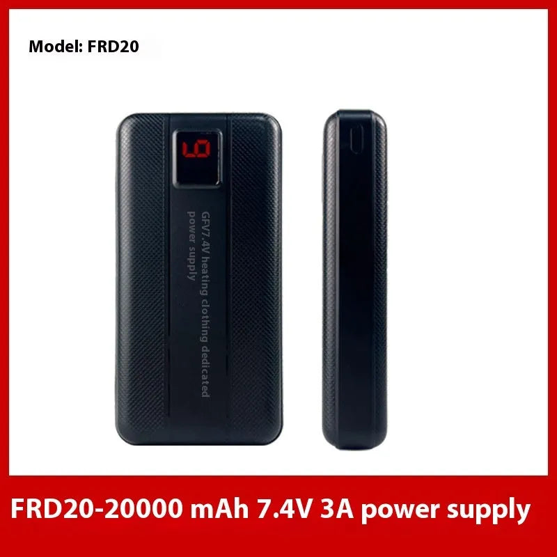 Power bank for heated clothing and mobile phones, 5000mAh to 20000mAh, 5V 7.4V 12V options, overcharge protection