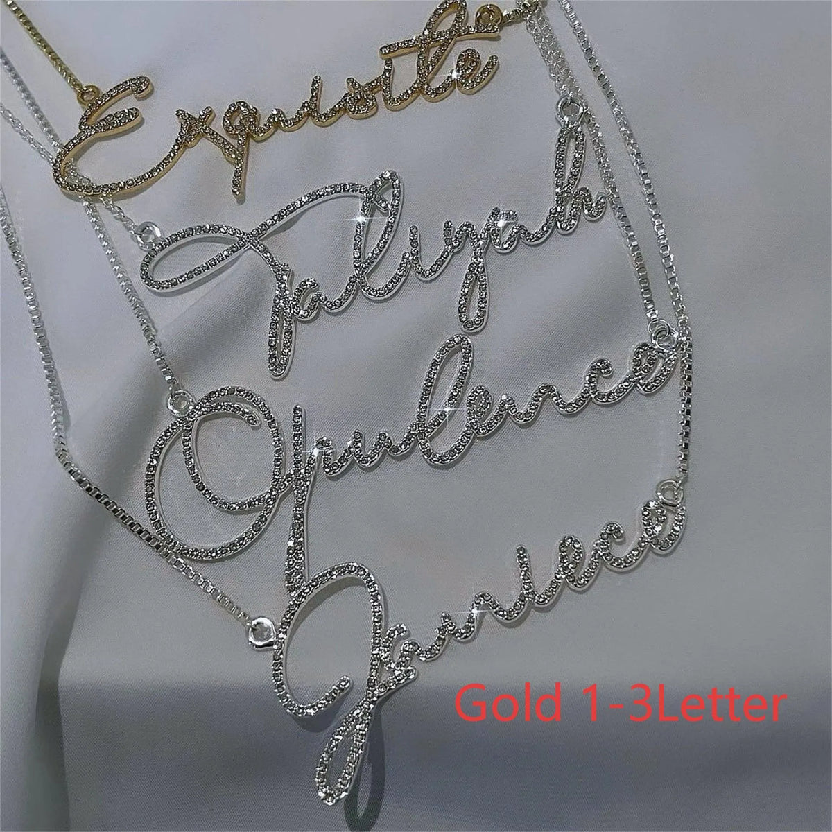 Stainless steel name necklace with diamond-studded English letters on adjustable chain in gold, rose gold, or silver