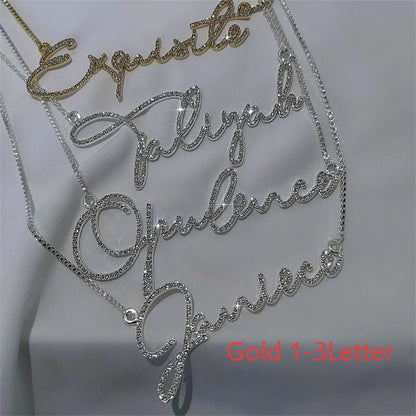 Stainless steel name necklace with diamond-studded English letters on adjustable chain in gold, rose gold, or silver