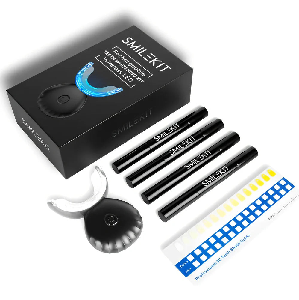 Shell Lamp wireless teeth whitening kit with LED light, gel pens, and colour card in black or white
