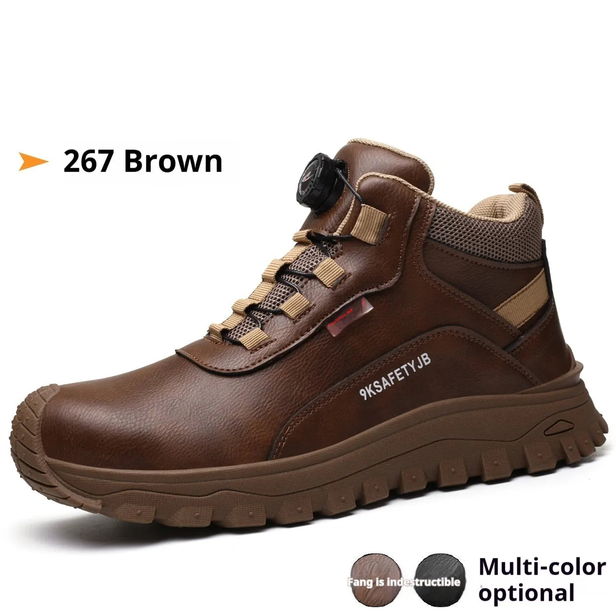 Leather Flyknit safety work shoes in black, brown, grey, or khaki with a rubber sole