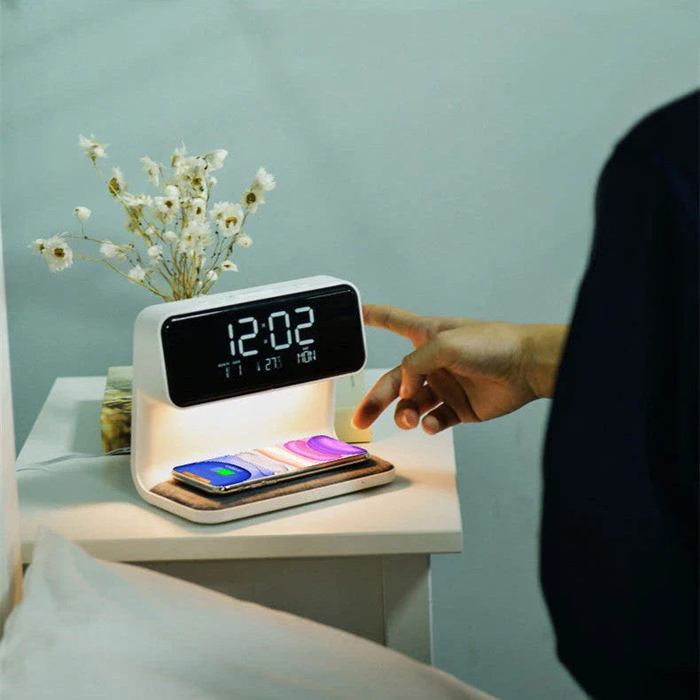 Versatile 3-in-1 bedside lamp with wireless charger, alarm clock, and adjustable LED lighting