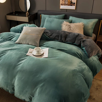 Coral velvet flannel bed sheet set in light grey and deep grey colour combination on double bed