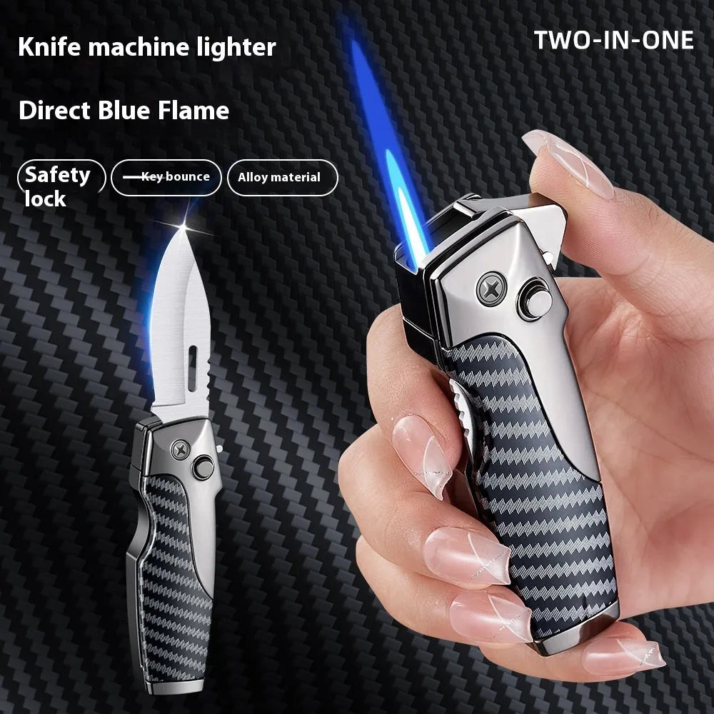 Metal folding lighter with integrated knife showing zinc alloy construction and safety lock mechanism