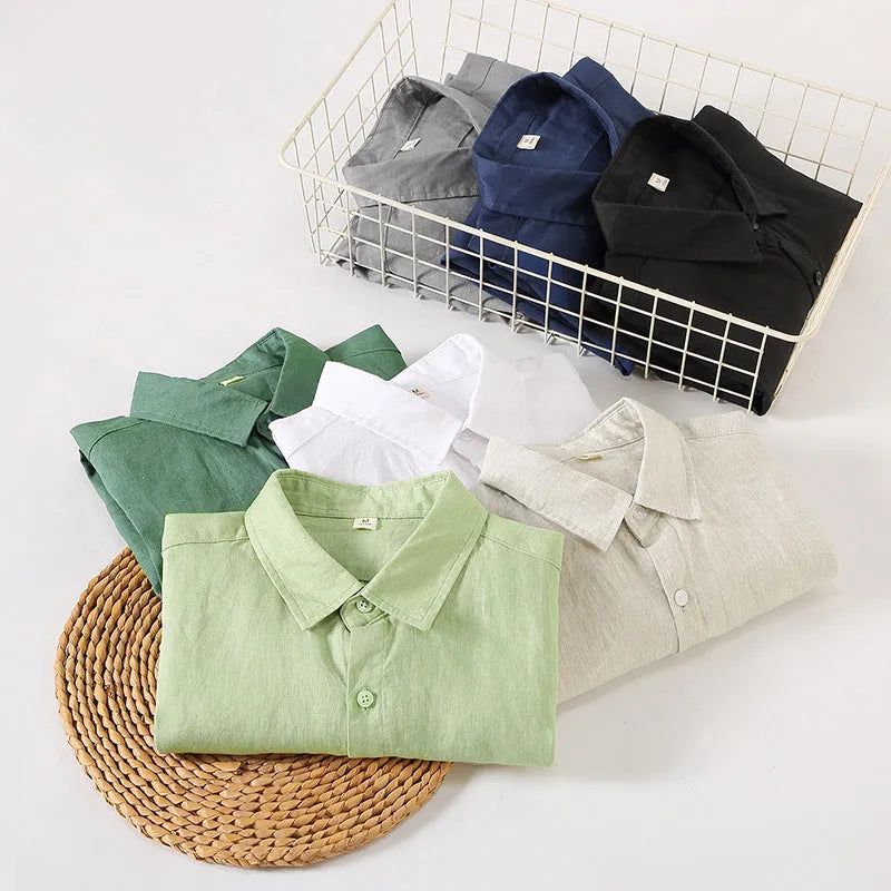 Linen shirt long sleeve loose fit Chinese style sun protection cardigan in solid colours including white, grey, black, green, light green, light sapphire blue and raw jute available in sizes S, M, L, XL, 2XL and 3XL
