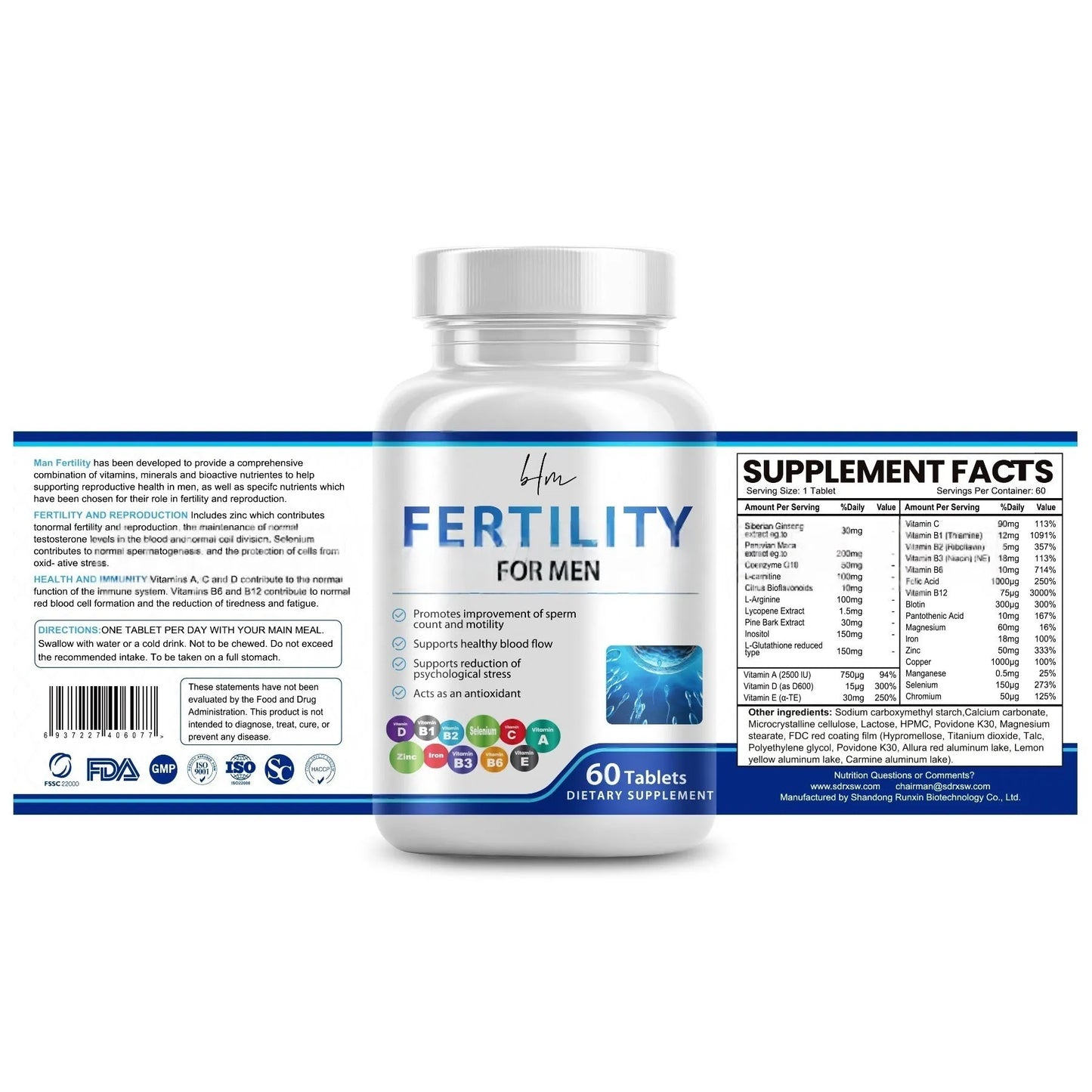 Bottle of 60 male fertility tablets with COMLEX vitamin mineral amino acids formula