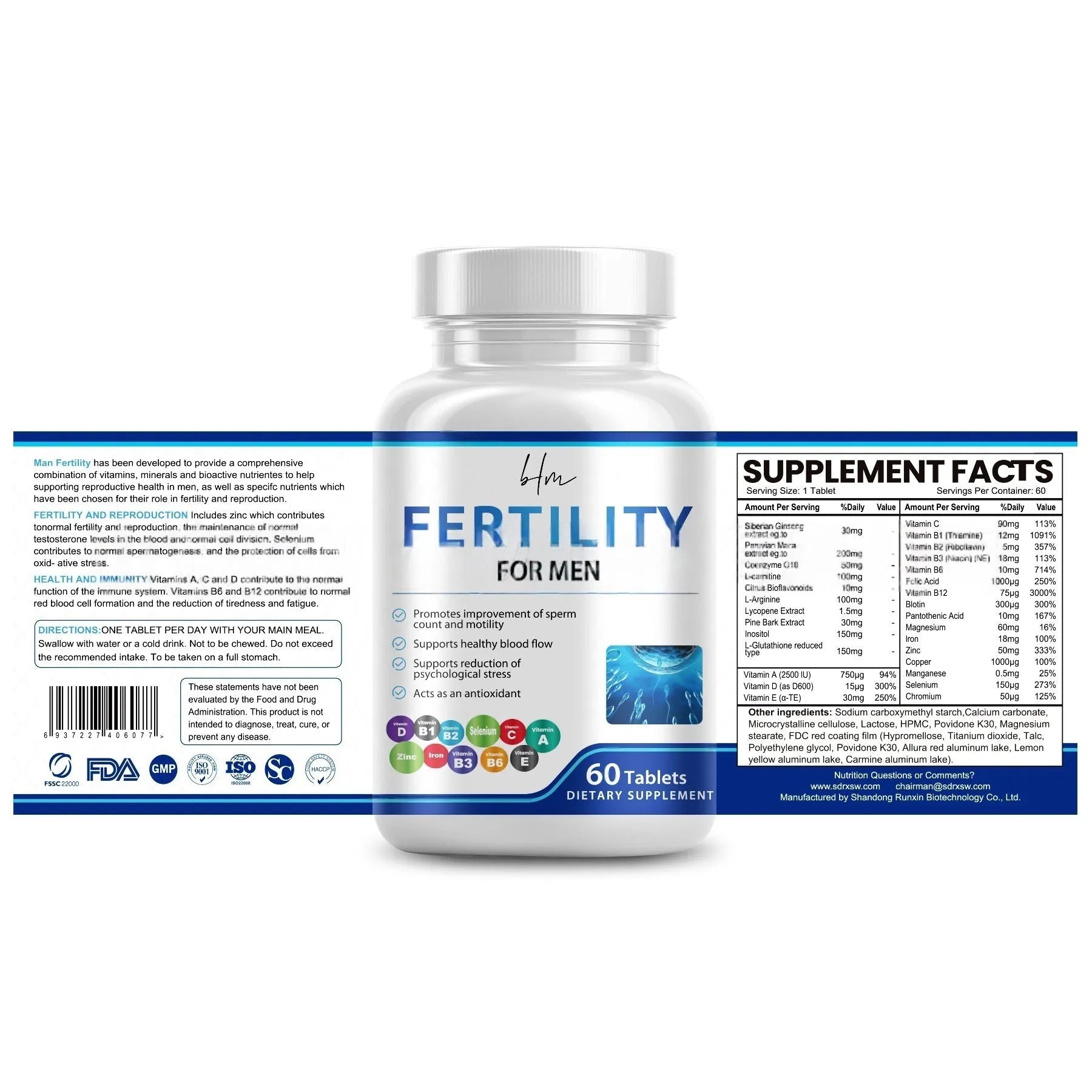 Bottle of 60 male fertility tablets with COMLEX vitamin mineral amino acids formula