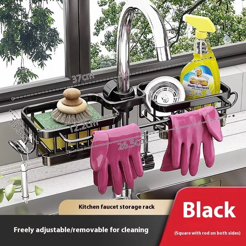 Aluminum sink faucet storage rack with rotatable design and towel hook