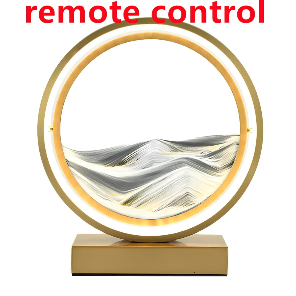 Black and white quicksand table lamp, 295mm tall with LED lights and remote control, coloured sand in glass chamber