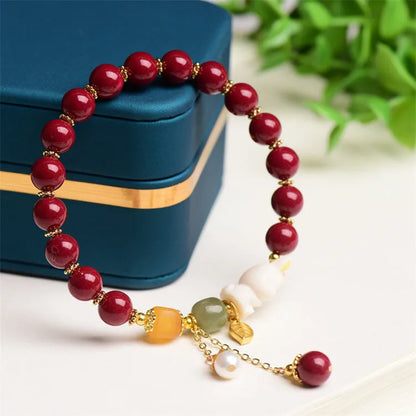 Natural cinnabar rabbit bracelet in beeswax purple and gold sand, national style, shown in 8mm and 10mm sizes.