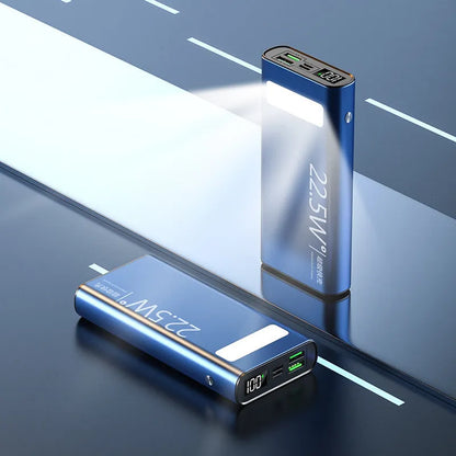 Alloy shell power bank with LCD display showing 22.5W super fast charging and 20000mAh capacity