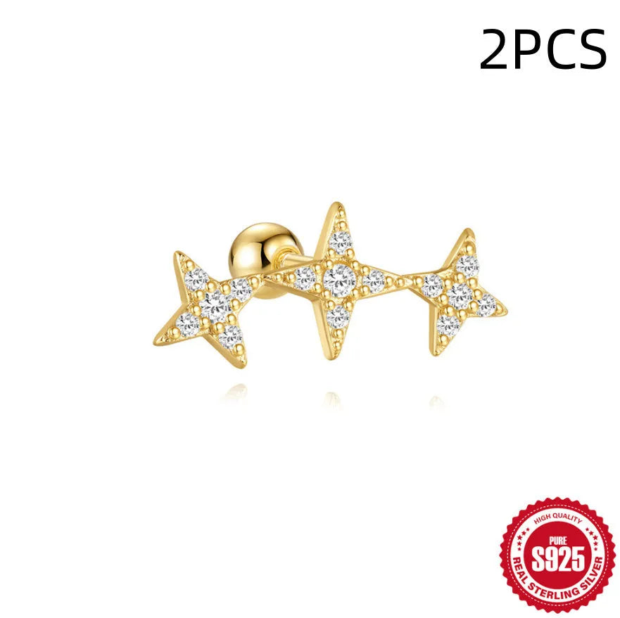 S925 sterling silver floral stud earrings with square gravel detail in a golden electroplated finish.