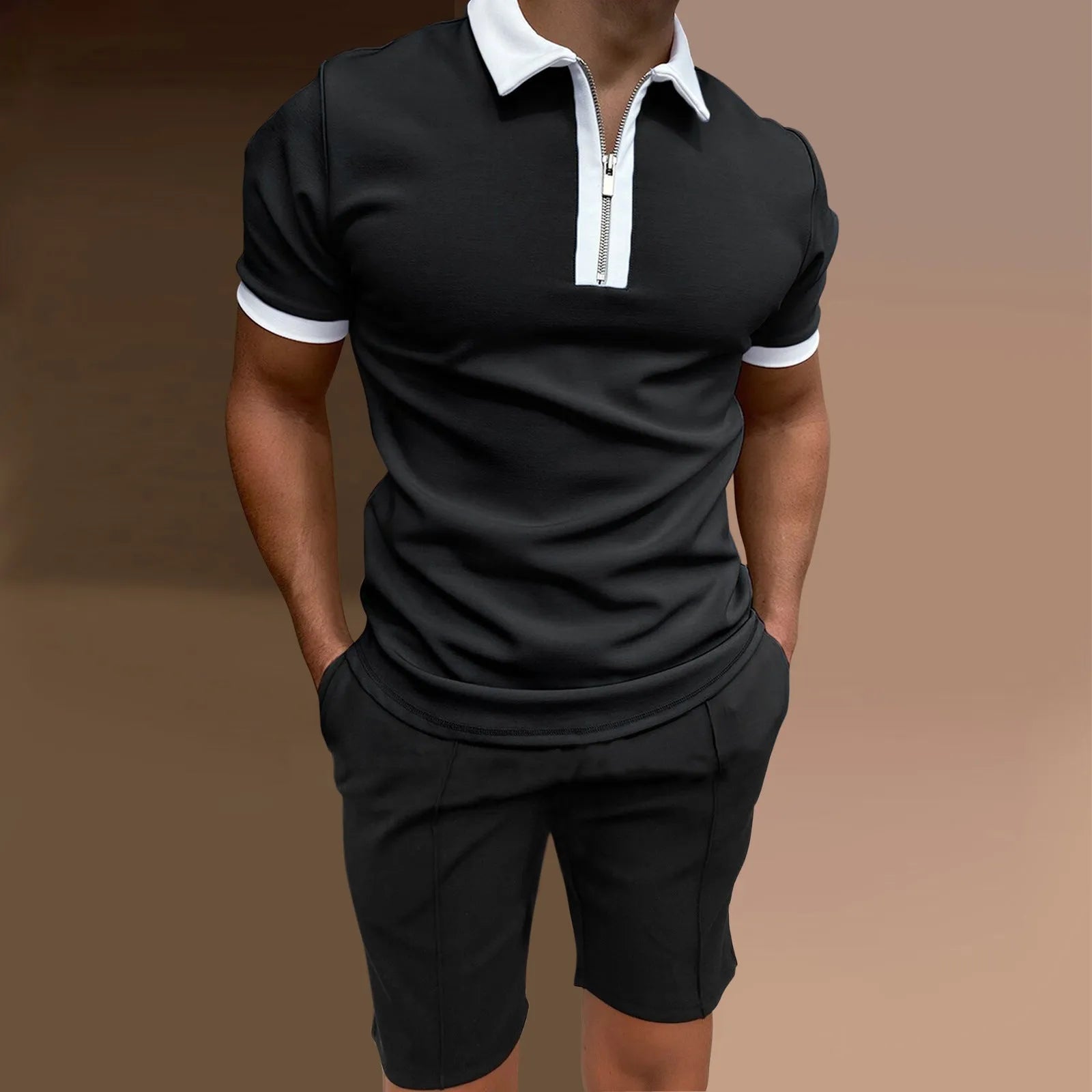 Men's casual printed two-piece set with short sleeve top and matching shorts