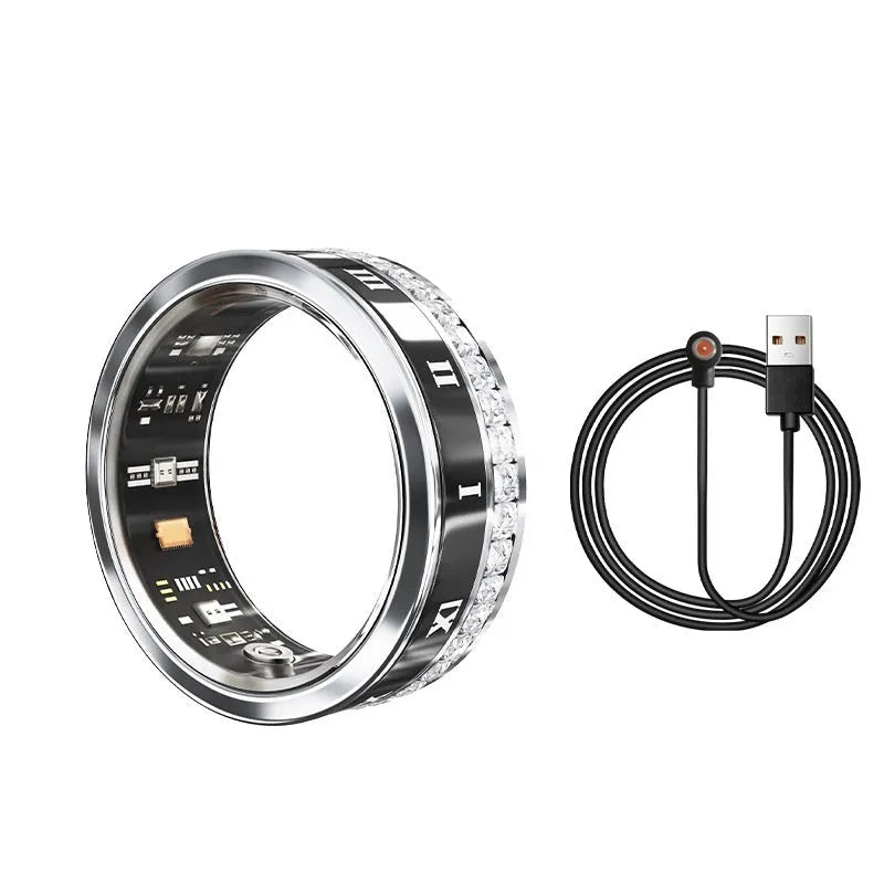 Gold and silver diamond-inlaid smart ring for blood oxygen monitoring on a finger.