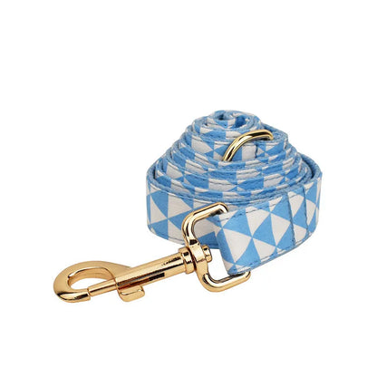 Blue cloth dog collar, leash, bow, and vest four-piece set with triangular metal ring, shown in a pet accessory bundle.