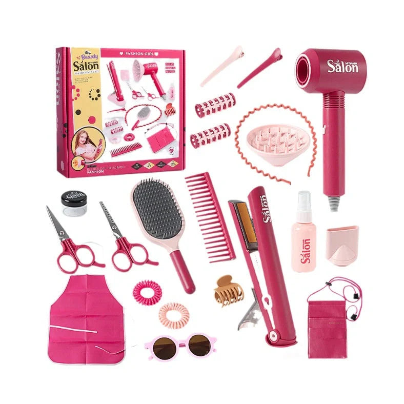 Children's plastic hair salon toy set with hair dryer and curler pieces for role-play