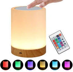 Wood grain finish LED night light showing touch control interface and compact 95mm by 120mm dimensions