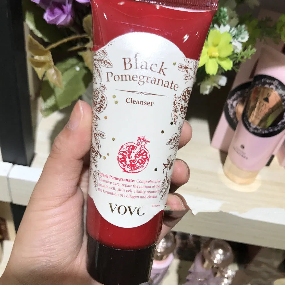 Six-product pomegranate skin care set including cleanser, cream, essence, eye cream, milk and water bottles