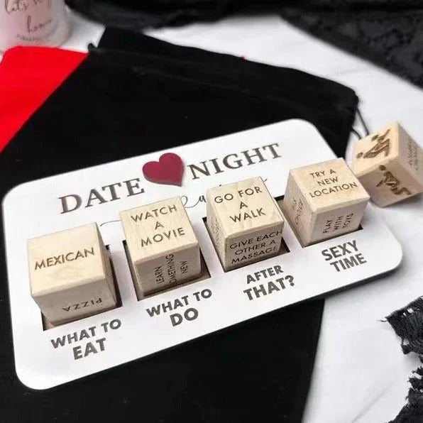 Romantic wooden date night dice set with 5 dice, date planner board, and storage bag for spontaneous couple's activities