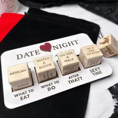 Romantic wooden date night dice set with 5 dice, date planner board, and storage bag for spontaneous couple's activities