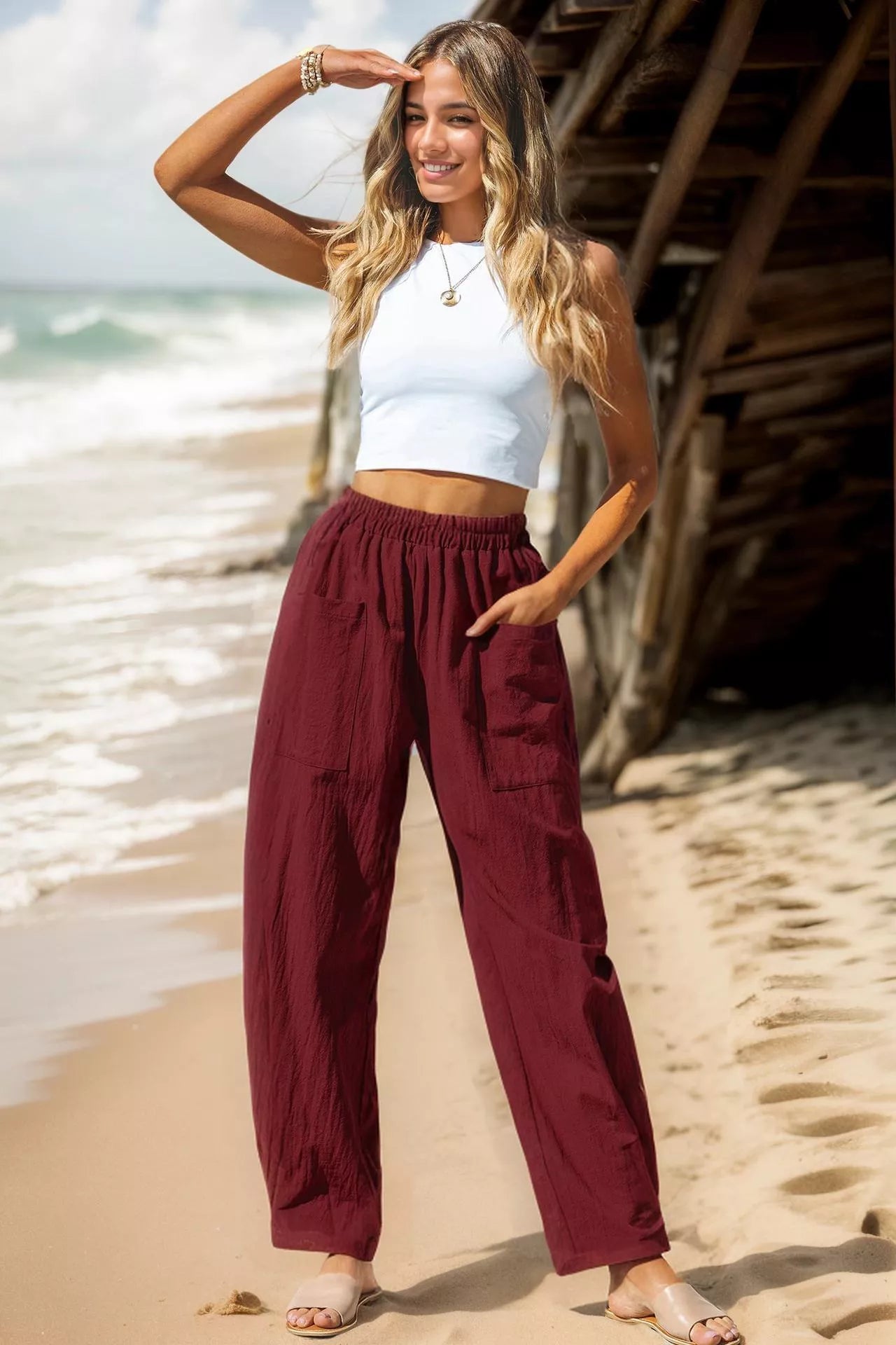 Women's cotton casual pants in straight-leg design, available in multiple colors