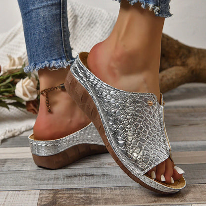 Stylish crocodile-texture wedge sandals for women in various colors and sizes