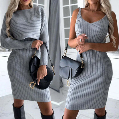 A stylish two-piece outfit featuring a long-sleeved striped top and a flattering suspender skirt in various colors