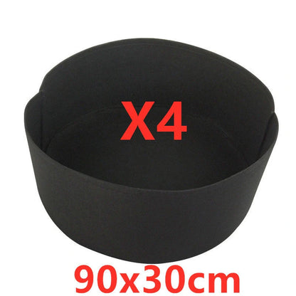 Round fabric grow bags for plants with water-retaining felt material in black and green