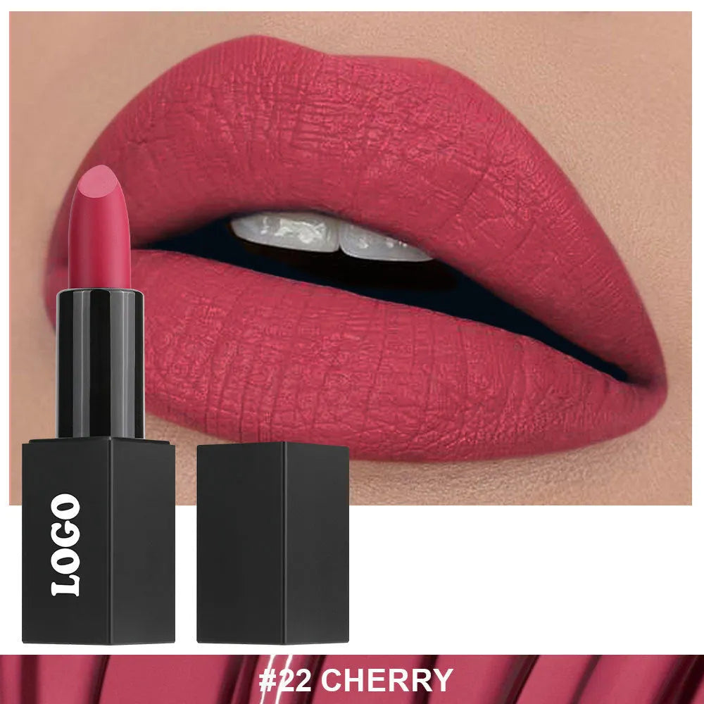 Beauty Does Not Fade matte finish lipstick in nonstick cup packaging, showing range of 24 colour shades.