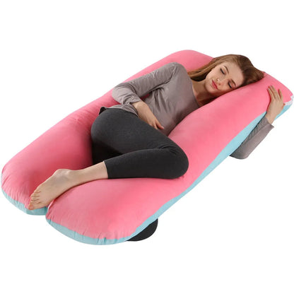Large U-shaped pregnancy support pillow with removable cover and abdominal support belt.