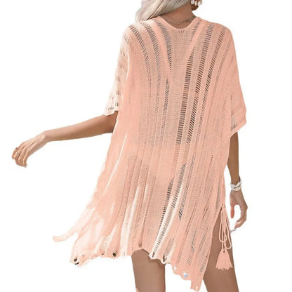 Loose hollow knit beach cover-up sweater in acrylic, free size, for women, shown in white, black, or pink.