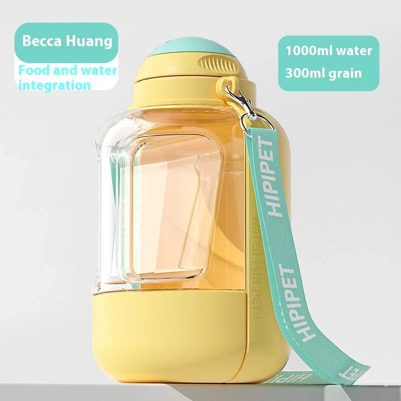 Portable 2-in-1 dog and cat water bowl with food container, available in white, yellow, and grey colors