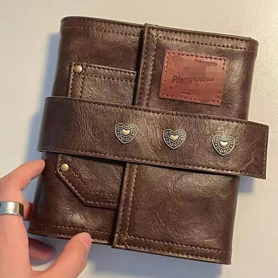Brown A7 retro leather buckle notebook with loose-leaf binding on PU cover