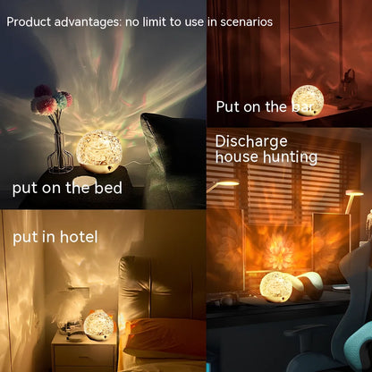 Spherical water ripple projector night light with touch controls creating colourful aurora patterns on wall